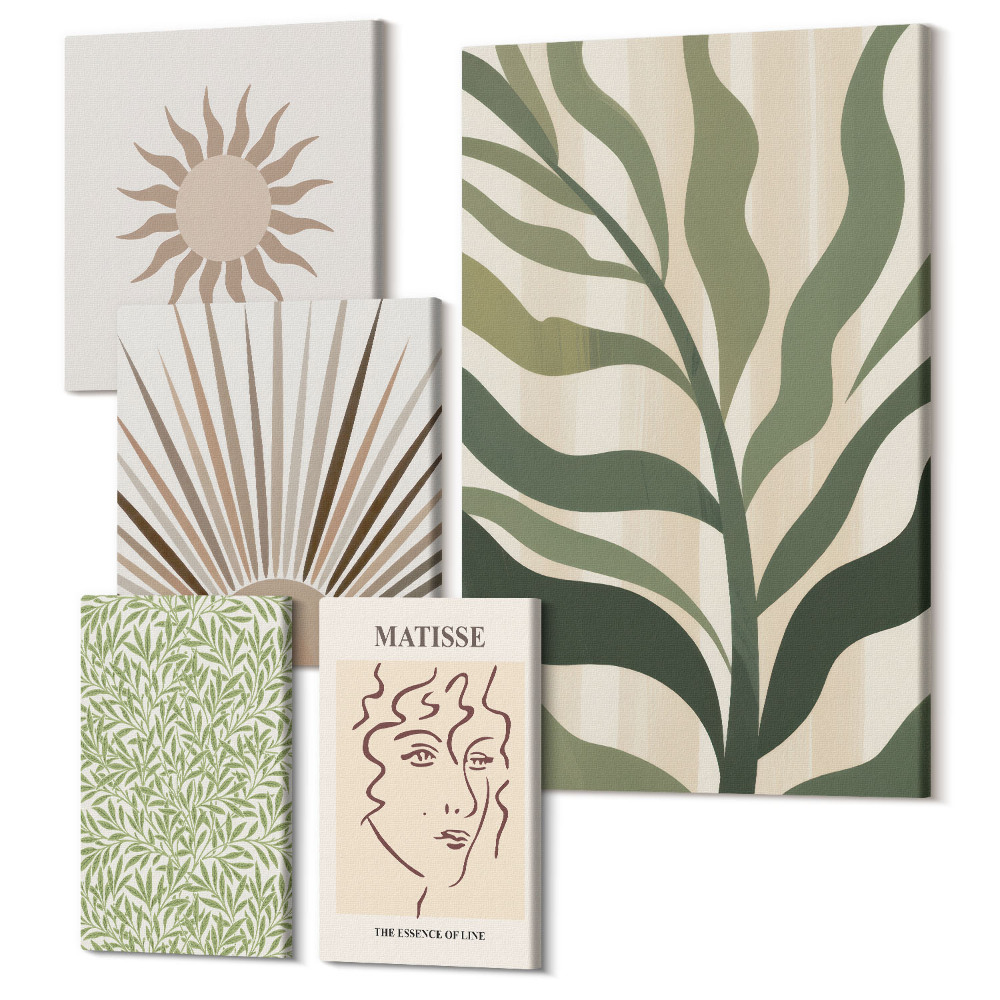 Sada 5 obrazov Štýlová grafika s rastlinnými motívmi a abstraktnými vzormi