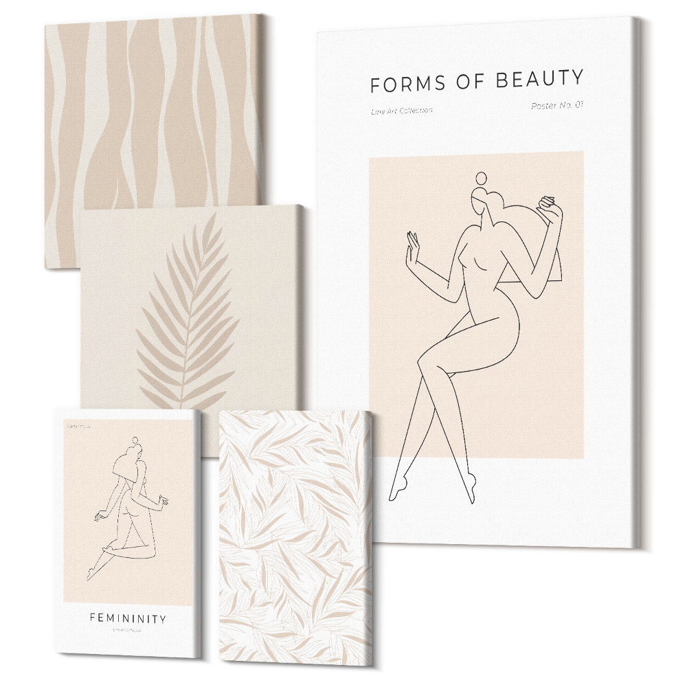 Sada obrazov pentaptych Štýlová grafika so ženskými siluetami a rastlinnými motívmi