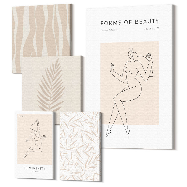 Sada obrazov pentaptych Štýlová grafika so ženskými siluetami a rastlinnými motívmi