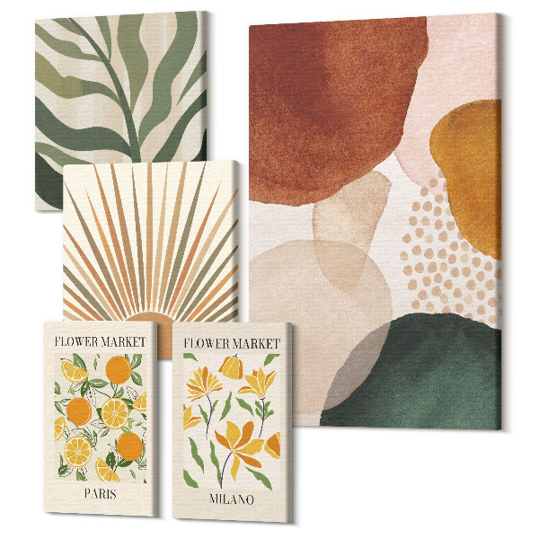 Sada obrazov na stenu pentaptych Štýlová grafika s rastlinnými a geometrickými motívmi