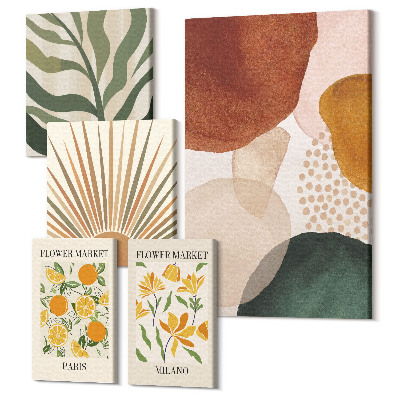 Sada obrazov na stenu pentaptych Štýlová grafika s rastlinnými a geometrickými motívmi