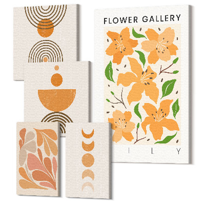 Sada obrazov na stenu pentaptych Štýlová grafika s kvetmi a geometrickými vzormi