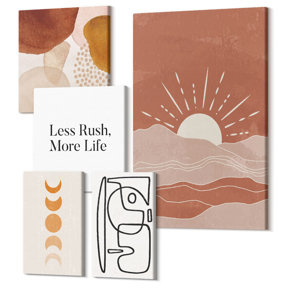 Sada 5 obrazov Štýlová grafika s abstraktnými tvarmi a slnkom