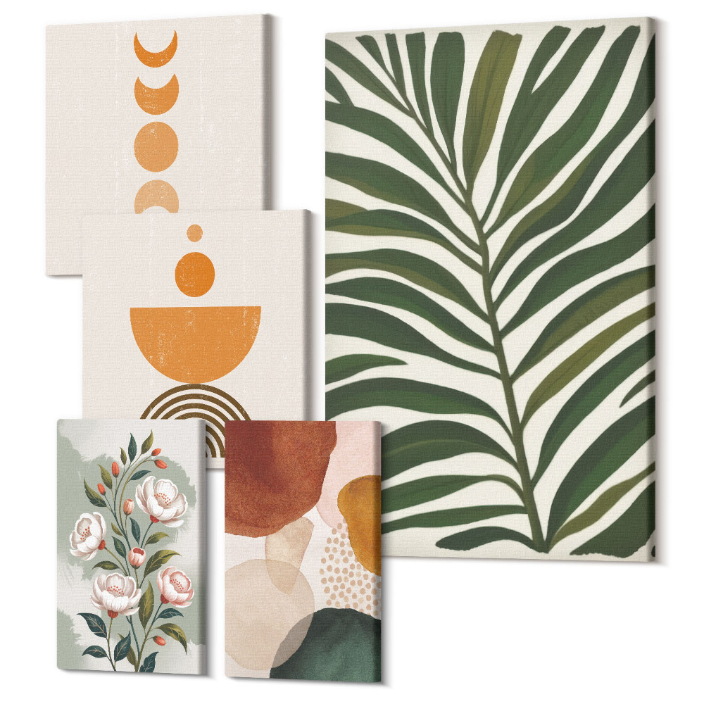Sada obrazov pentaptych Rastlinné vzory a abstraktné tvary v štýle boho