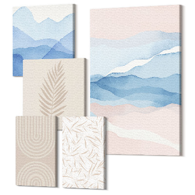 Sada obrazov pentaptych Abstraktné krajiny v pastelových odtieňoch s listami