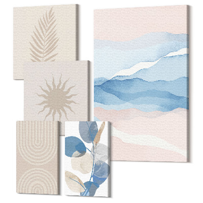 Sada obrazov na stenu pentaptych Abstraktné kompozície s rastlinnými motívmi a vlnami
