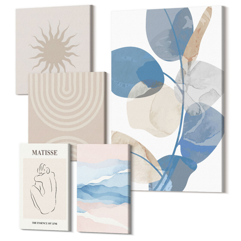 Sada 5 obrazov Štýlové abstraktné kompozície s rastlinnými akcentmi