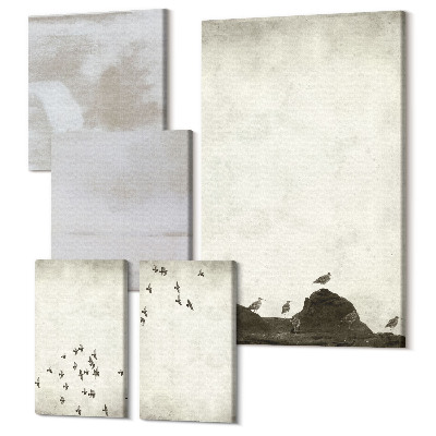 Sada obrazov pentaptych Vtáky v lete a zúfalé textúry v minimalistickom štýle