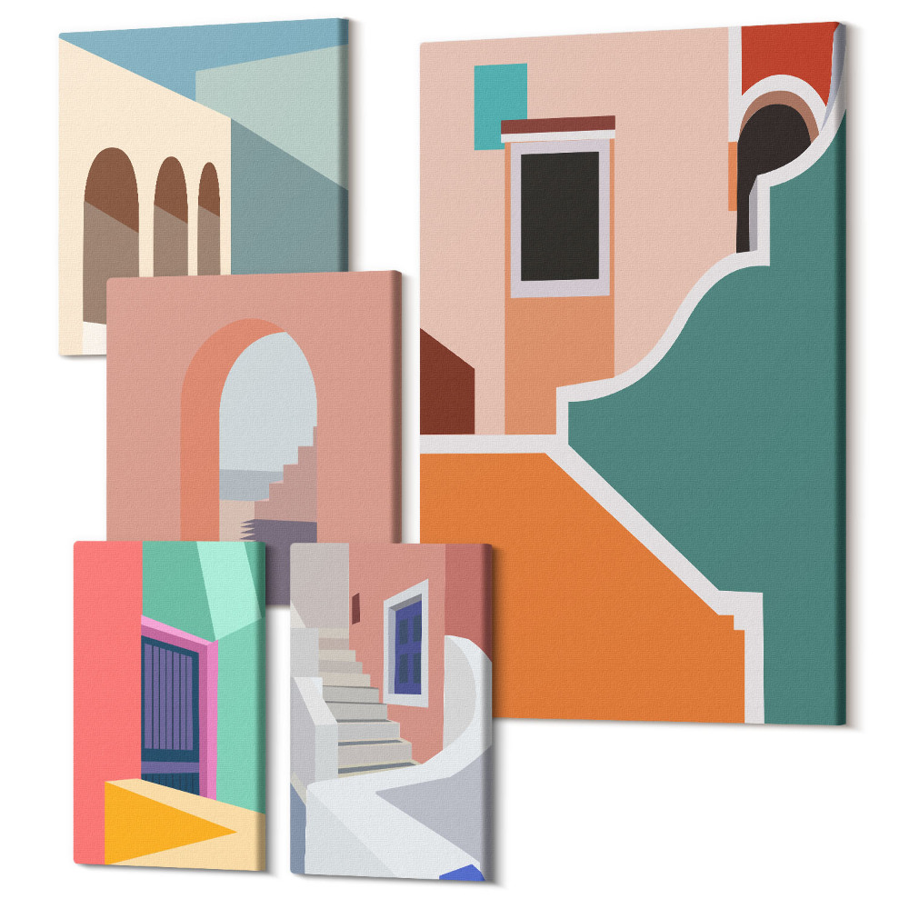 Sada obrazov na stenu pentaptych Farebné ilustrácie budov v modernom štýle