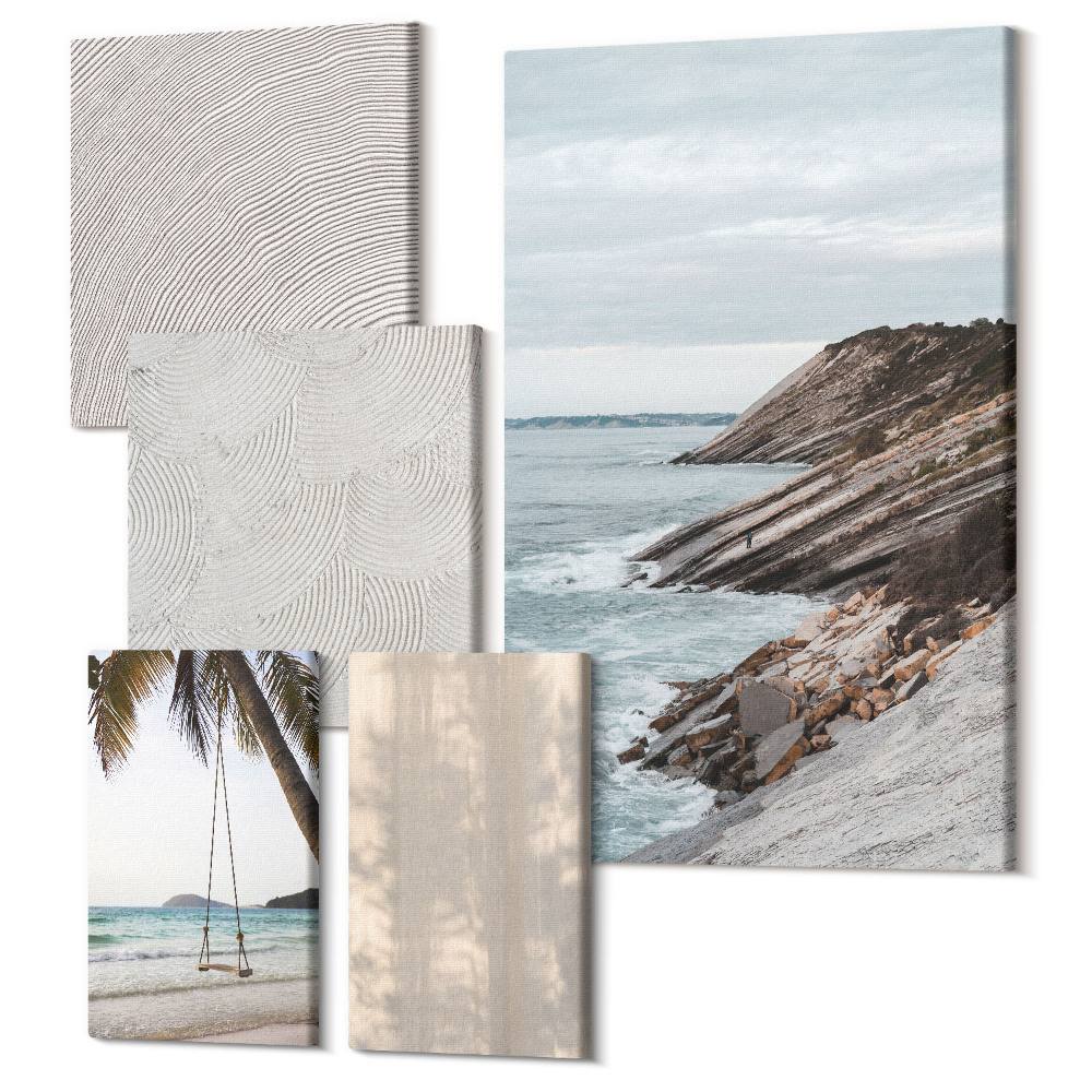 Sada obrazov na stenu pentaptych Letný piesok a pobrežie s výhľadom na letnú krajinu