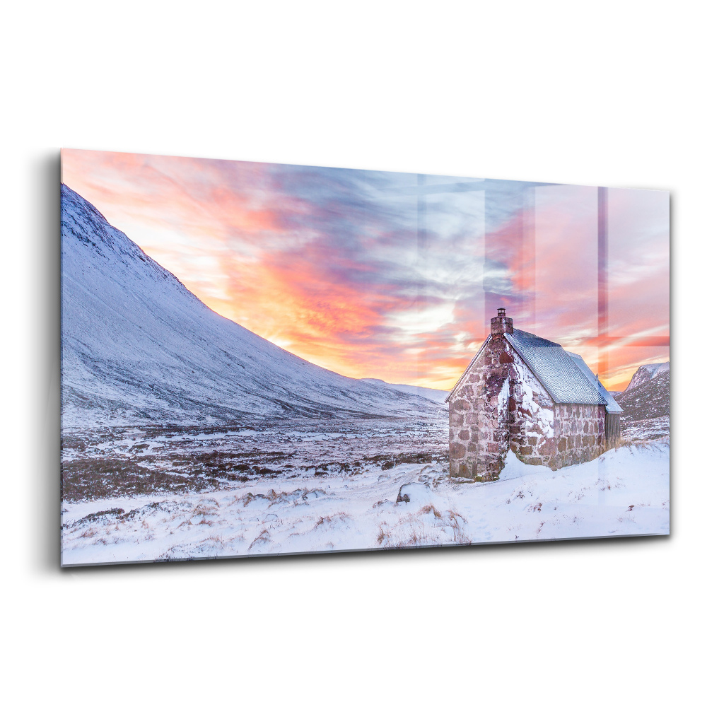 Sklenený obraz Chata v zasnežených horách