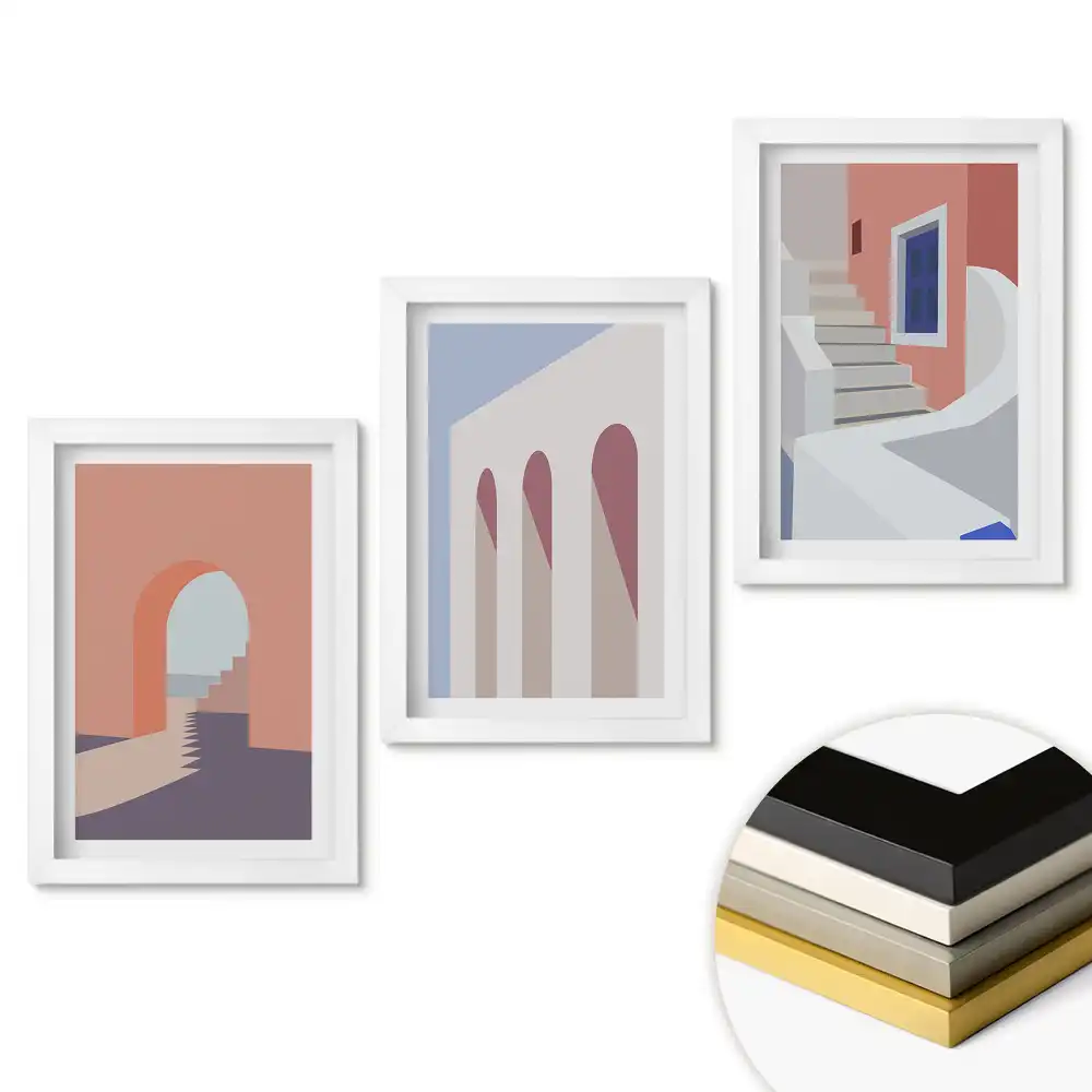 Sada 3 obrazov v ráme Abstraktné architektonické farebné kompozície