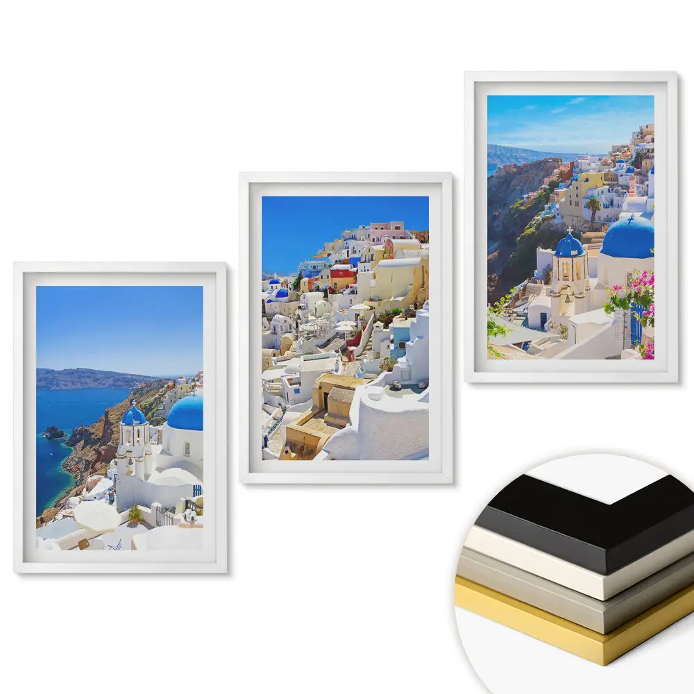 Triptych v ráme Malebné výhľady na Santorini na slnku