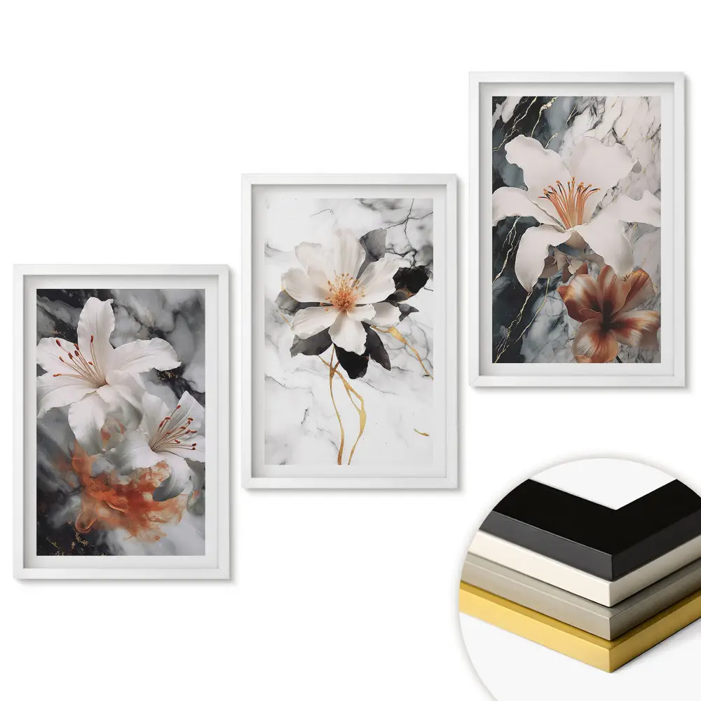 Triptych v ráme Kvetinové inšpirácie na mramorovom pozadí