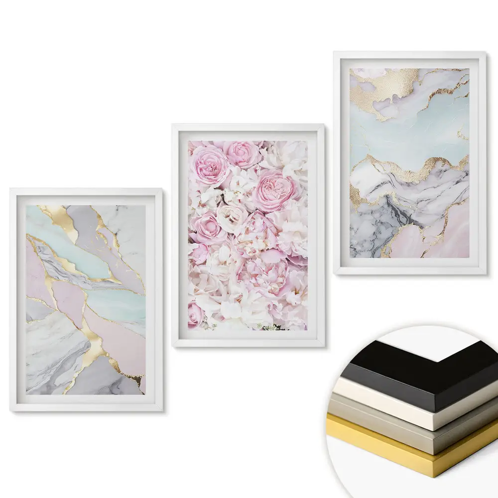 Triptych v ráme Elegantná kolekcia mramorových a kvetinových vzorov