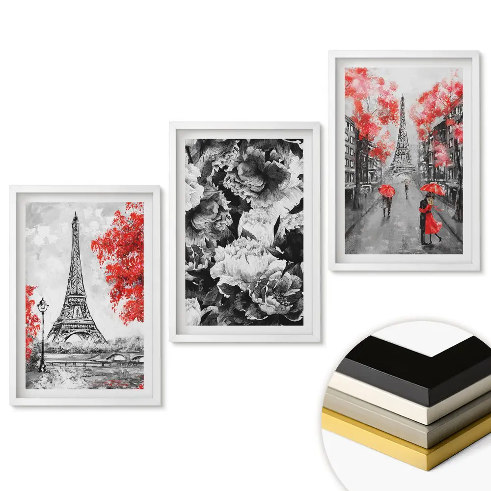 Triptych v ráme Eiffelova veža s červenými akcentmi