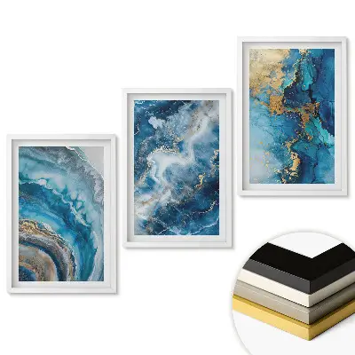 Triptych v ráme Modré abstrakcie so zlatými akcentmi