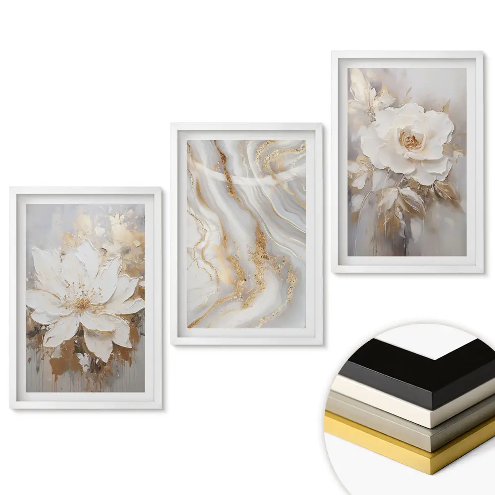 Triptych v ráme Elegantné kvety v jemných odtieňoch
