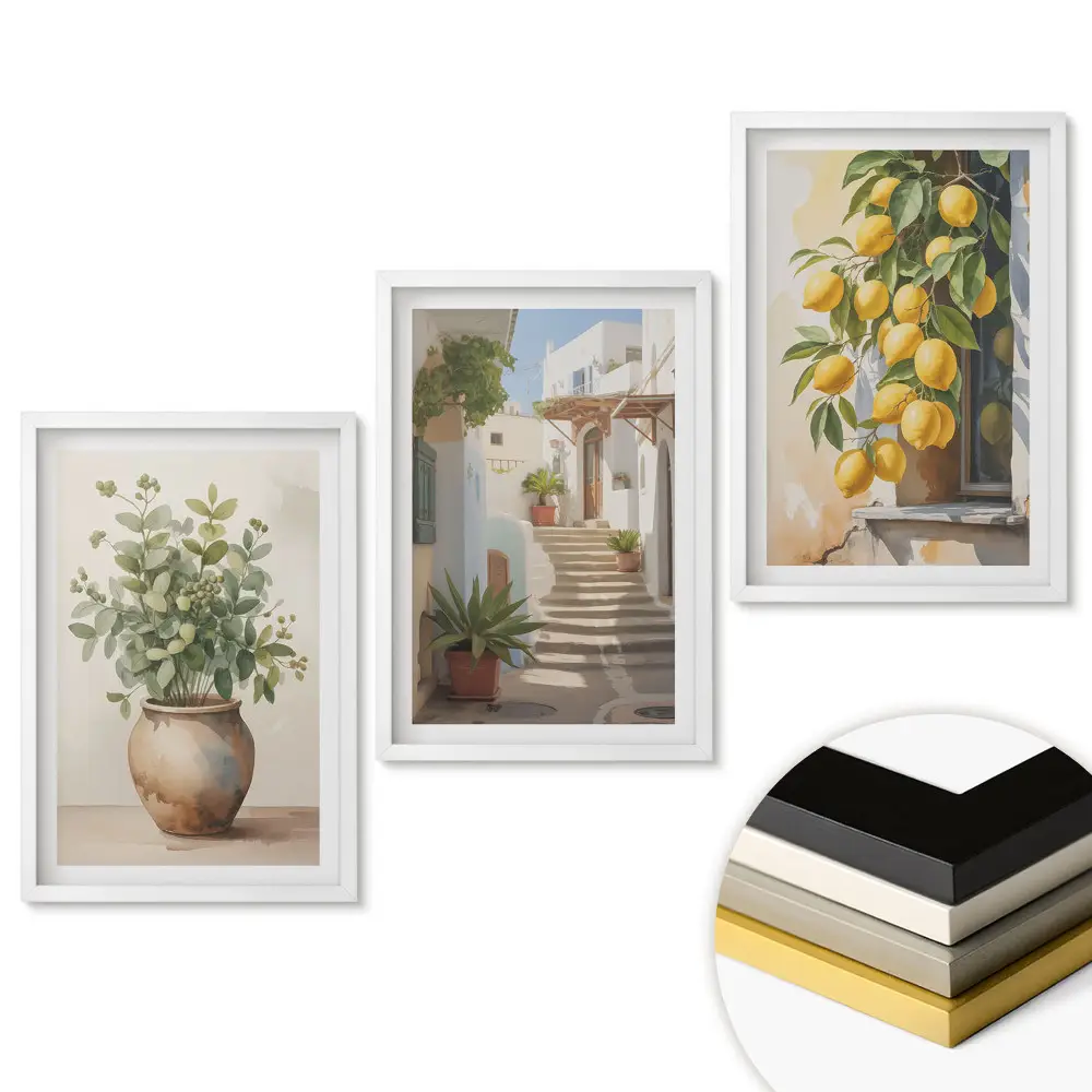 Triptych v ráme Kvety a citróny v malebnom prostredí