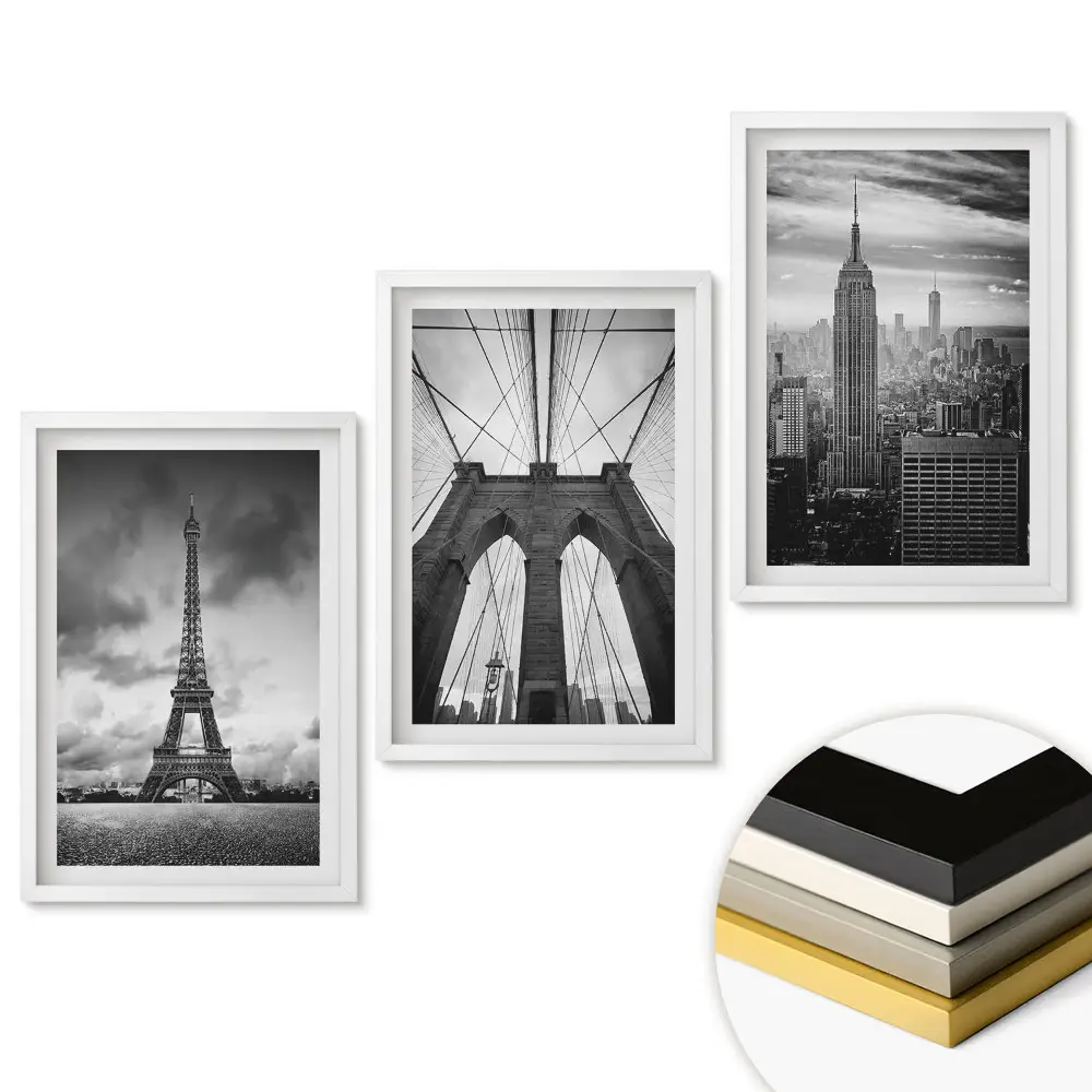 Triptych v ráme Ikony miest v čiernej a bielej farbe