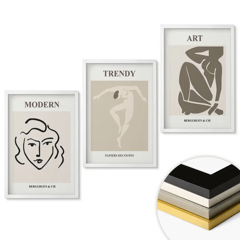 Triptych moderného umenia v minimalistickom štýle s rámom