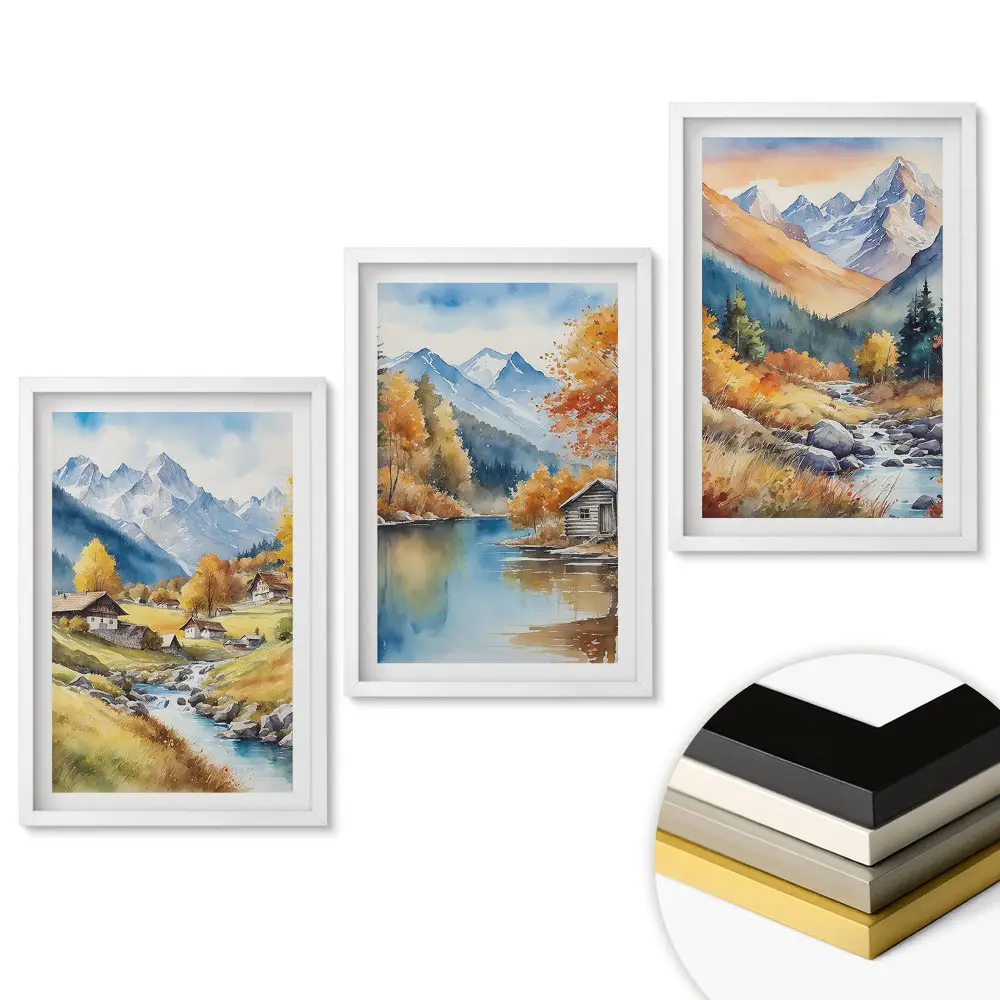 Triptych v ráme Malebné horské krajiny v akvareloch