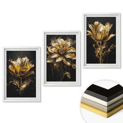 Triptych v ráme Zlaté kvety na čiernom pozadí