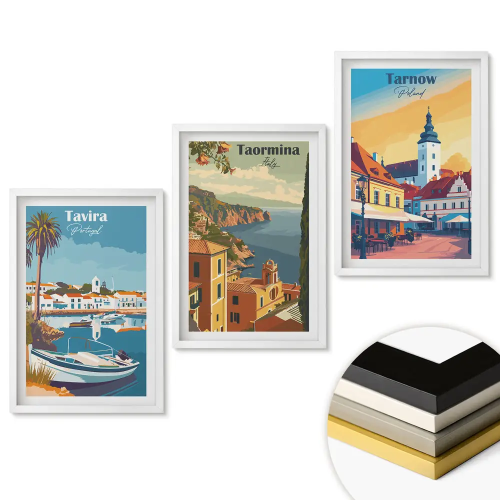 Triptych v ráme Malebné miesta v Európe v ilustráciách