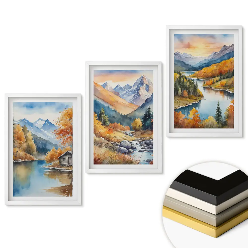 Triptych v ráme Jesenné horské krajiny v akvareloch