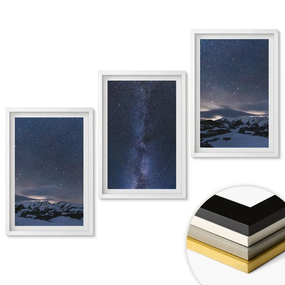 Triptych v ráme Nočná obloha nad horskou krajinou