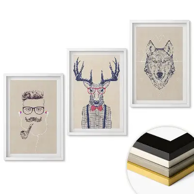 Triptych v ráme Štýlové zvieratá a ľudia v ilustráciách
