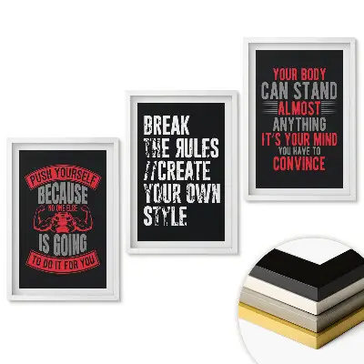 Triptych v ráme s motivačnými sloganmi pre cvičenie a život