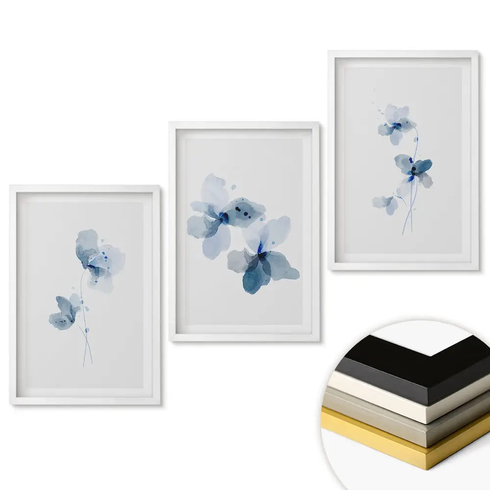 Triptych v ráme Kvetinové akvarely v odtieňoch modrej