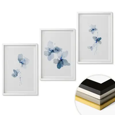 Triptych v ráme Kvetinové akvarely v odtieňoch modrej