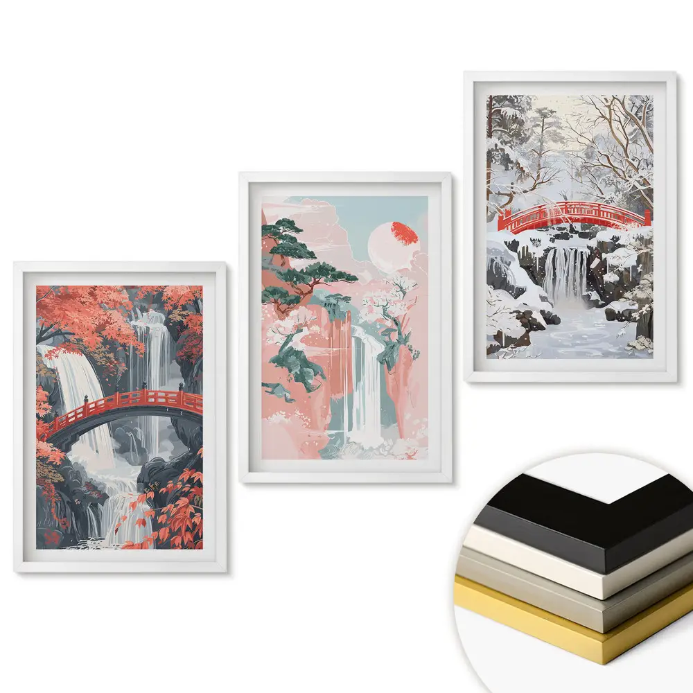 Triptych v ráme Vodopády a mosty v malebnej krajine