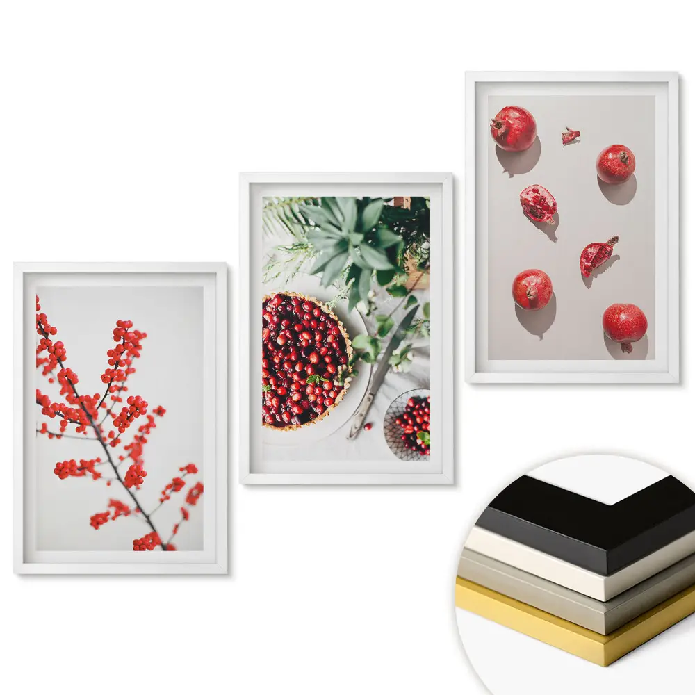Triptych v ráme Červené ovocie a rastliny v detaile