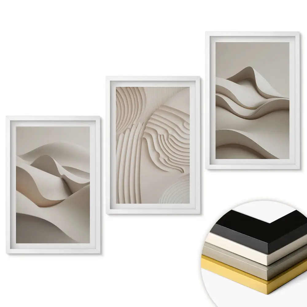 Triptych v ráme s motívom abstraktných 3D vĺn a štruktúr