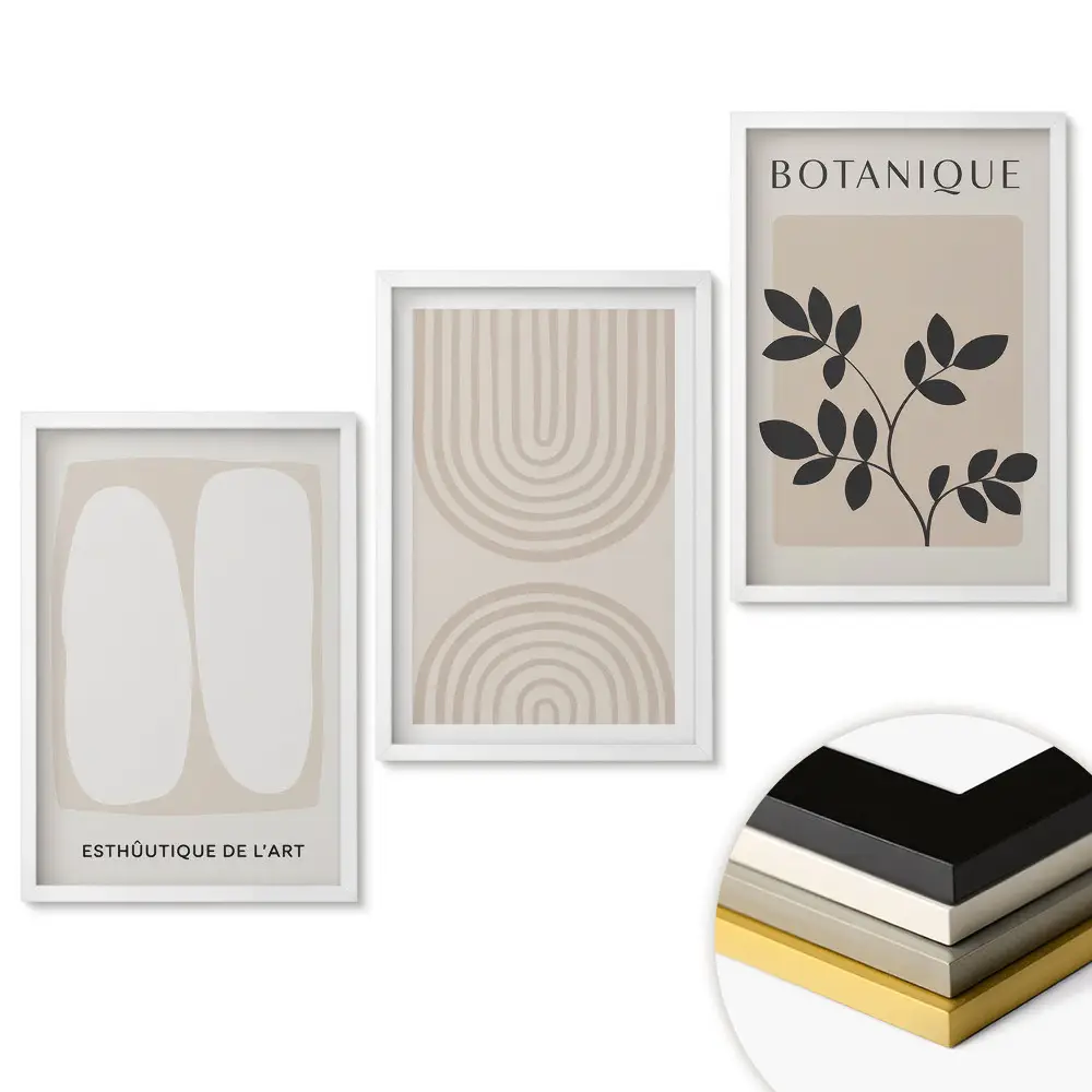 Triptych v ráme s grafikou v neutrálnych odtieňoch