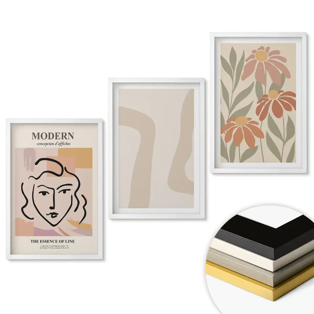 Triptych v ráme Moderná grafika s kvetmi a čiarami