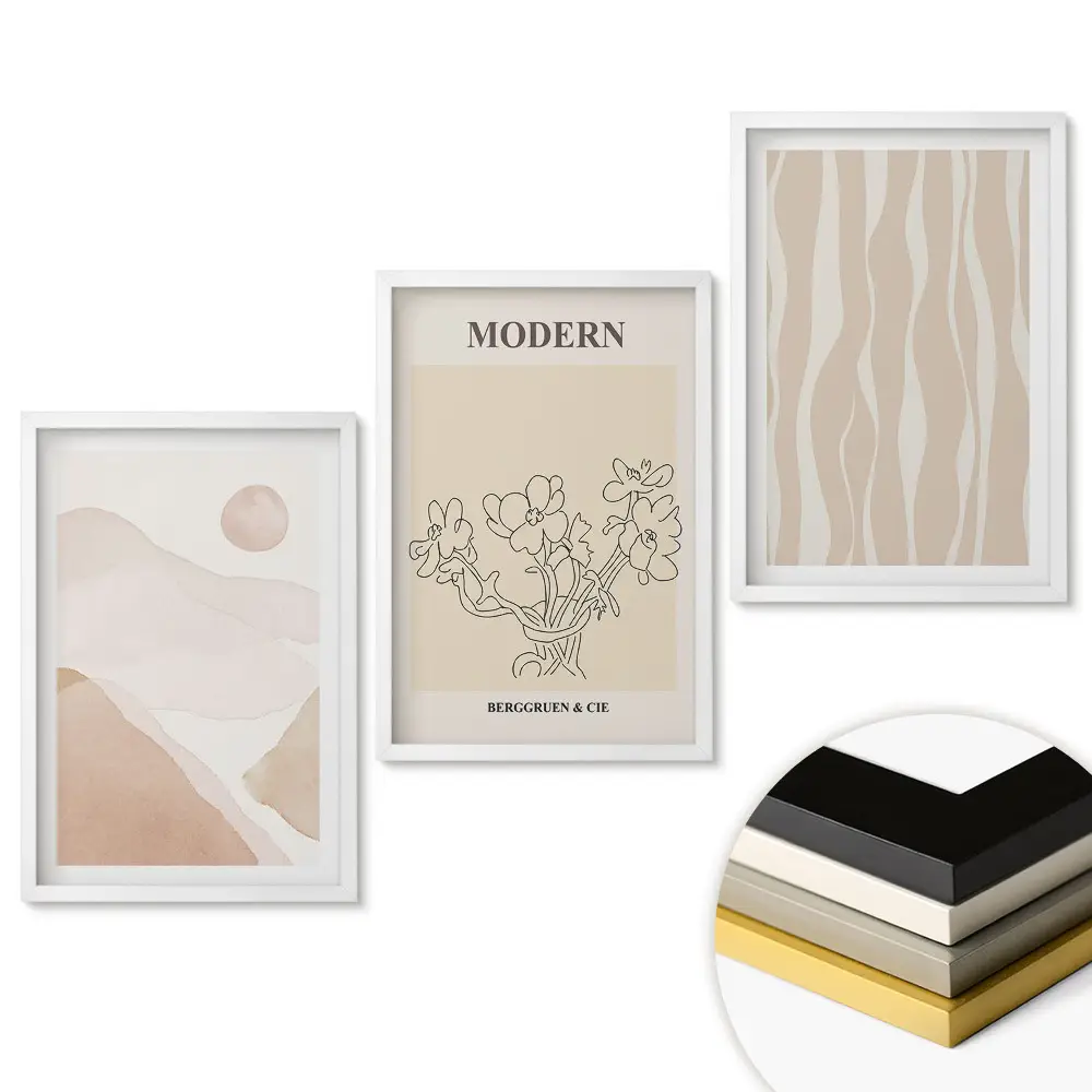 Moderný triptych v ráme s grafikou v tlmených farbách