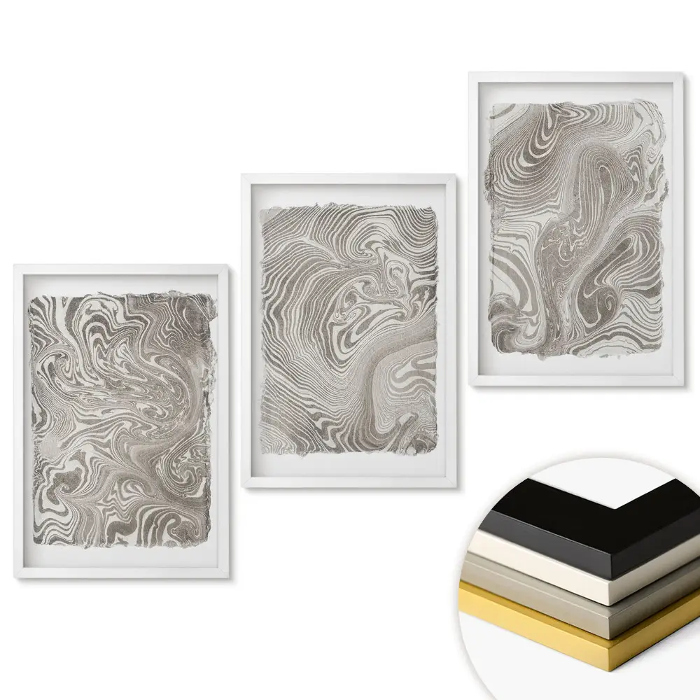 Triptych Abstraktné vlny v odtieňoch sivej v ráme