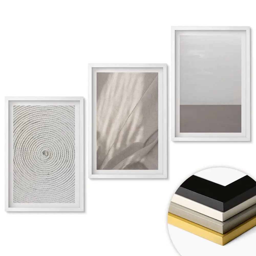 Minimalistický triptych v ráme v neutrálnych tónoch