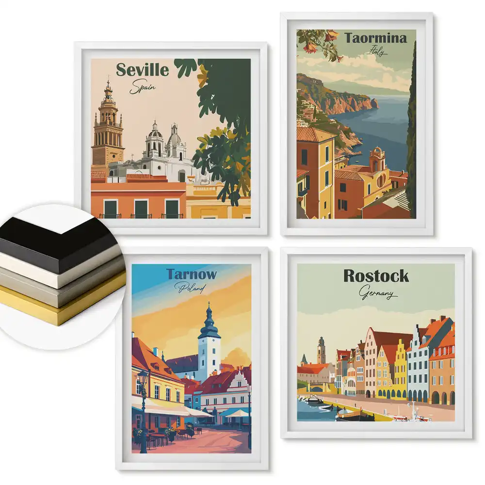 Sada 4 obrazov v ráme Európske mestá v farebnej grafike