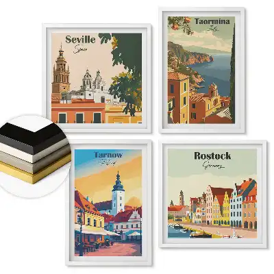 Sada 4 obrazov v ráme Európske mestá v farebnej grafike