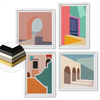 Sada 4 obrazov v ráme Farebné architektonické abstrakcie v umení