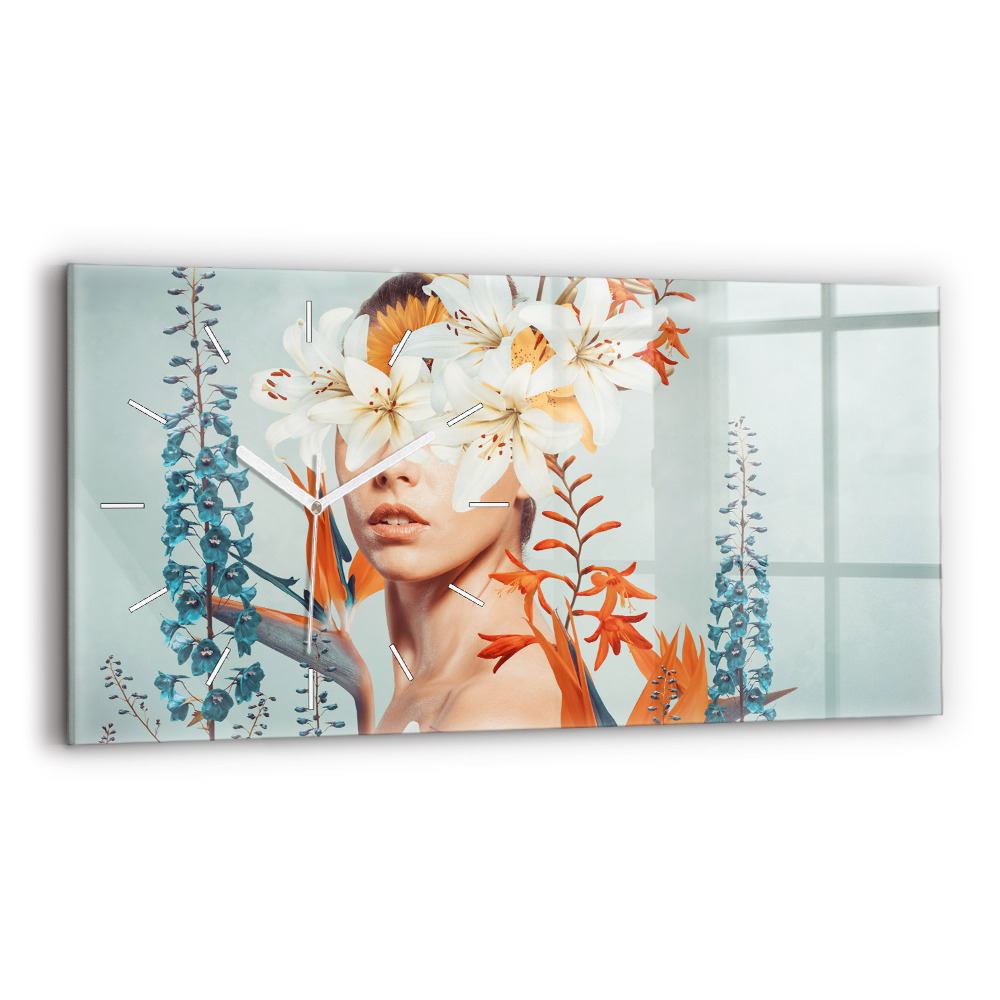 Horizontálne hodiny Žena s kvetmi