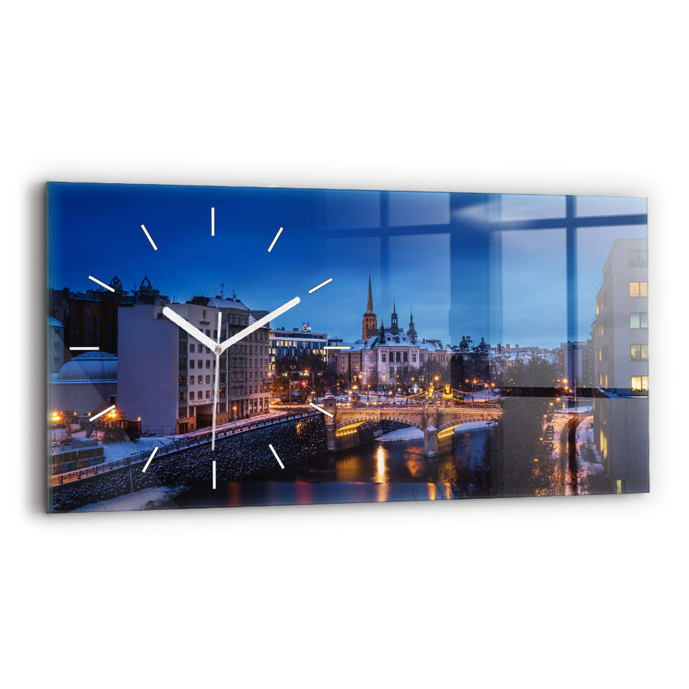 Horizontálne sklenené hodiny Panoráma Plzne