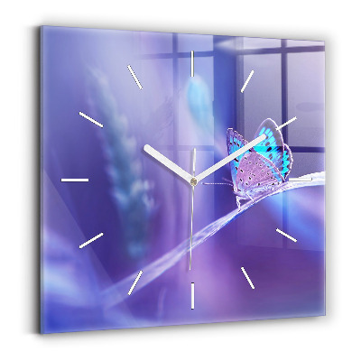 Štvorcové sklenené hodiny Motýľ na tráve