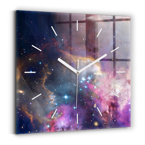 Štvorcové sklenené hodiny Galaxia a hviezdy