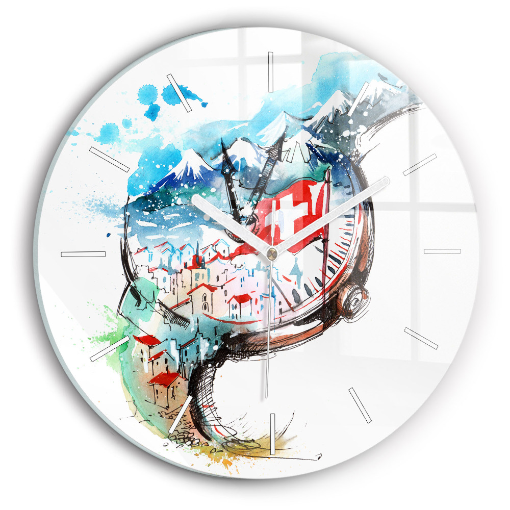 Vertikálne hodiny Švajčiarska horská krajina s vlajkou